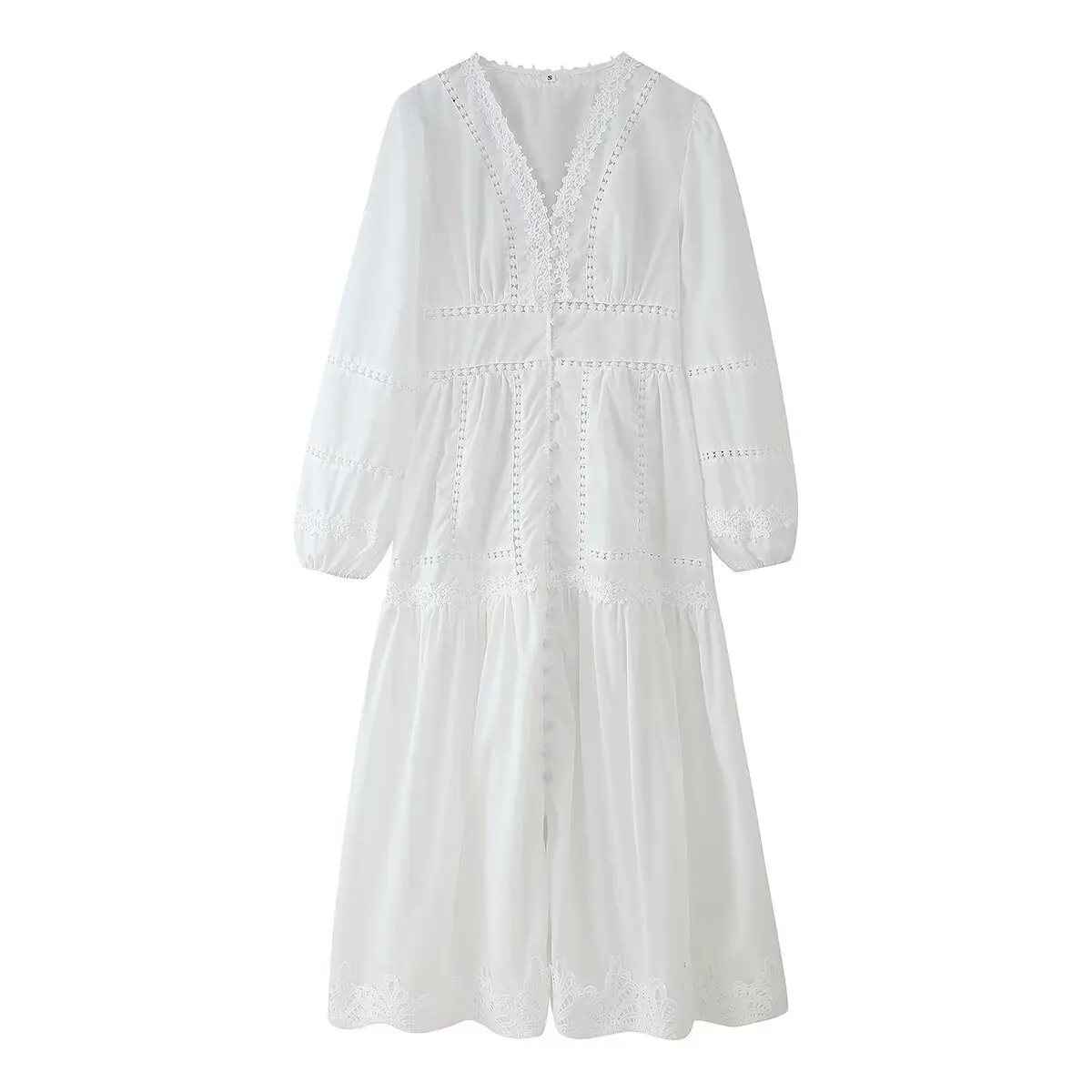 Elegant White Hollow Out Embroidery Long Dress Women V Neck Puff Sleeve Loose Maxi Dresses 2026 Autumn Casual Daily Party Robes