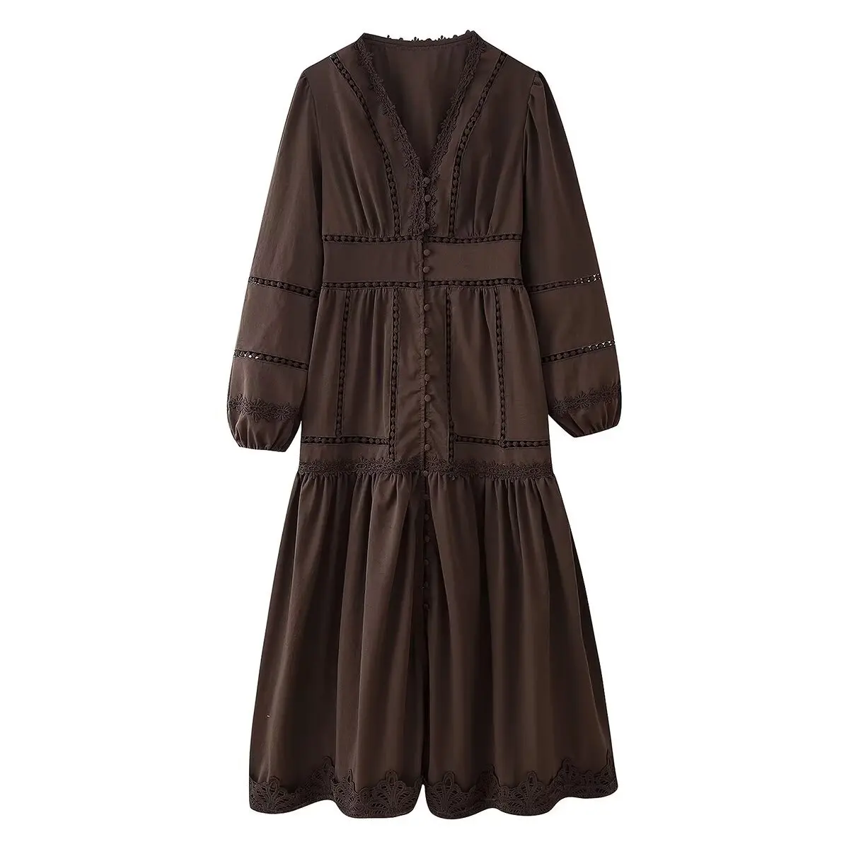 Elegant White Hollow Out Embroidery Long Dress Women V Neck Puff Sleeve Loose Maxi Dresses 2026 Autumn Casual Daily Party Robes