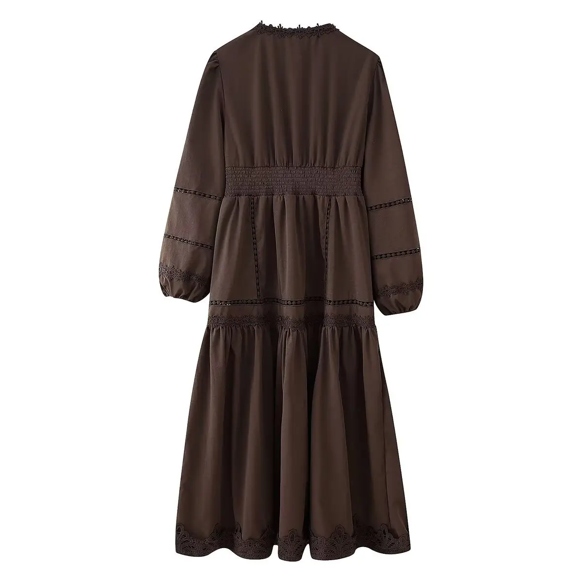 Elegant White Hollow Out Embroidery Long Dress Women V Neck Puff Sleeve Loose Maxi Dresses 2026 Autumn Casual Daily Party Robes