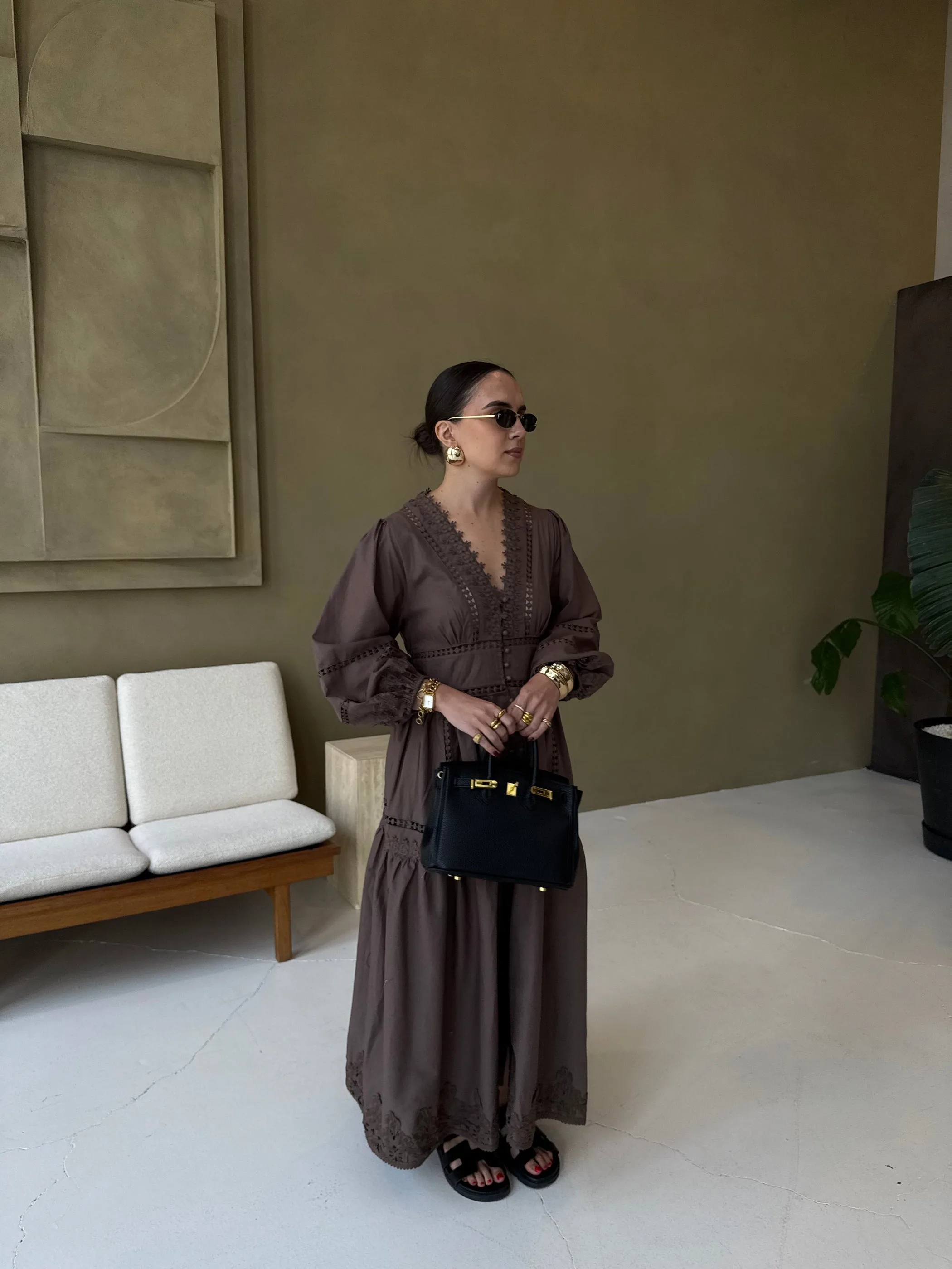 Elegant White Hollow Out Embroidery Long Dress Women V Neck Puff Sleeve Loose Maxi Dresses 2026 Autumn Casual Daily Party Robes