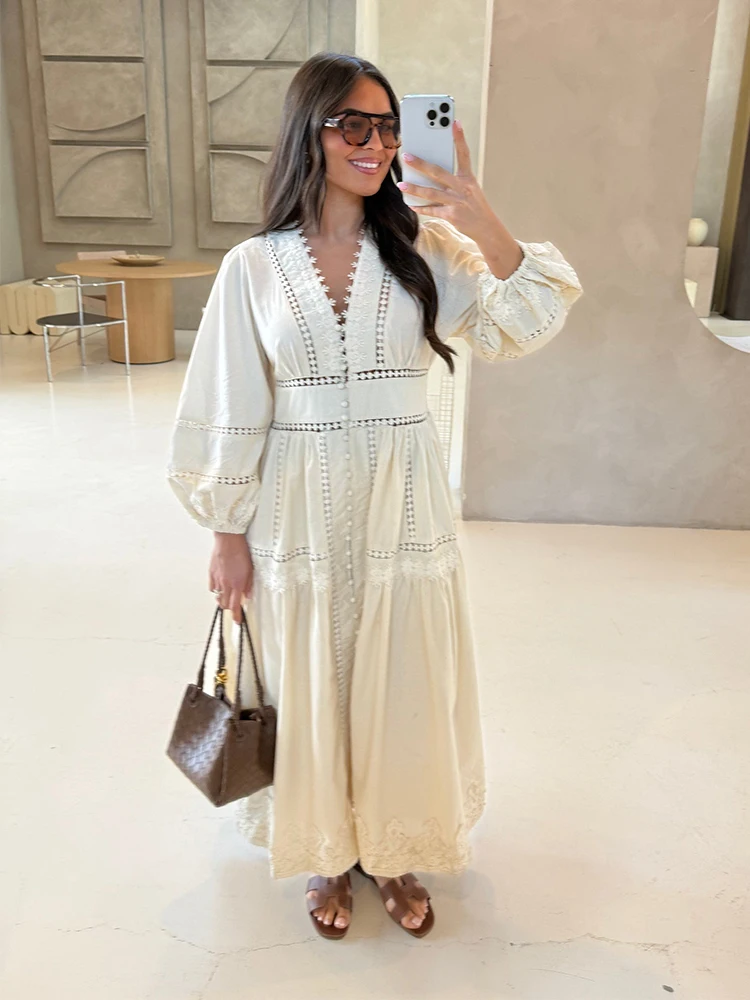 Elegant White Hollow Out Embroidery Long Dress Women V Neck Puff Sleeve Loose Maxi Dresses 2026 Autumn Casual Daily Party Robes