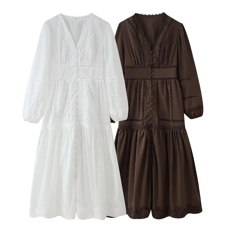 Elegant White Hollow Out Embroidery Long Dress Women V Neck Puff Sleeve Loose Maxi Dresses 2026 Autumn Casual Daily Party Robes