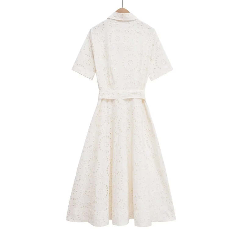 ETJ 2025 new women's elegant fashion hollow embroidery cotton shirt lapel short-sleeved dress temperament long skirt