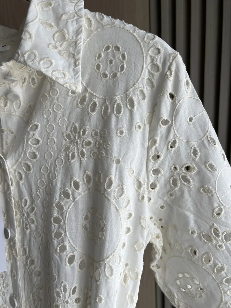 ETJ 2025 new women's elegant fashion hollow embroidery cotton shirt lapel short-sleeved dress temperament long skirt
