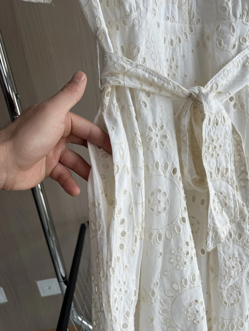 ETJ 2025 new women's elegant fashion hollow embroidery cotton shirt lapel short-sleeved dress temperament long skirt