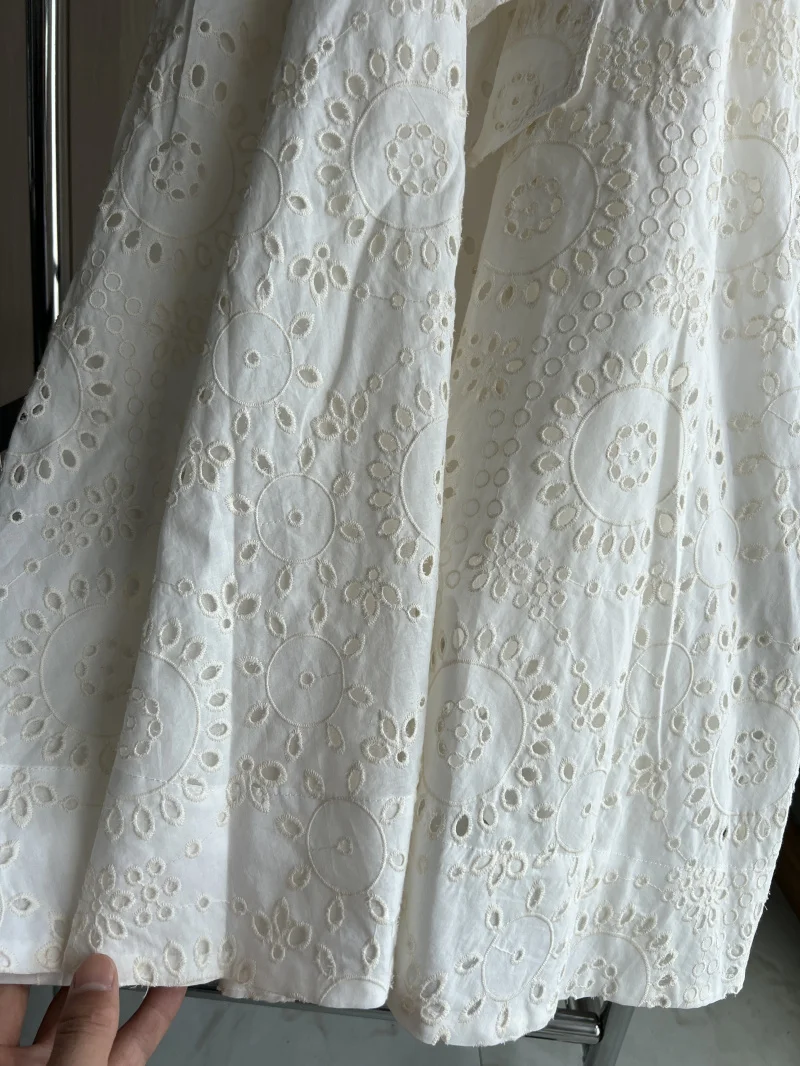 ETJ 2025 new women's elegant fashion hollow embroidery cotton shirt lapel short-sleeved dress temperament long skirt