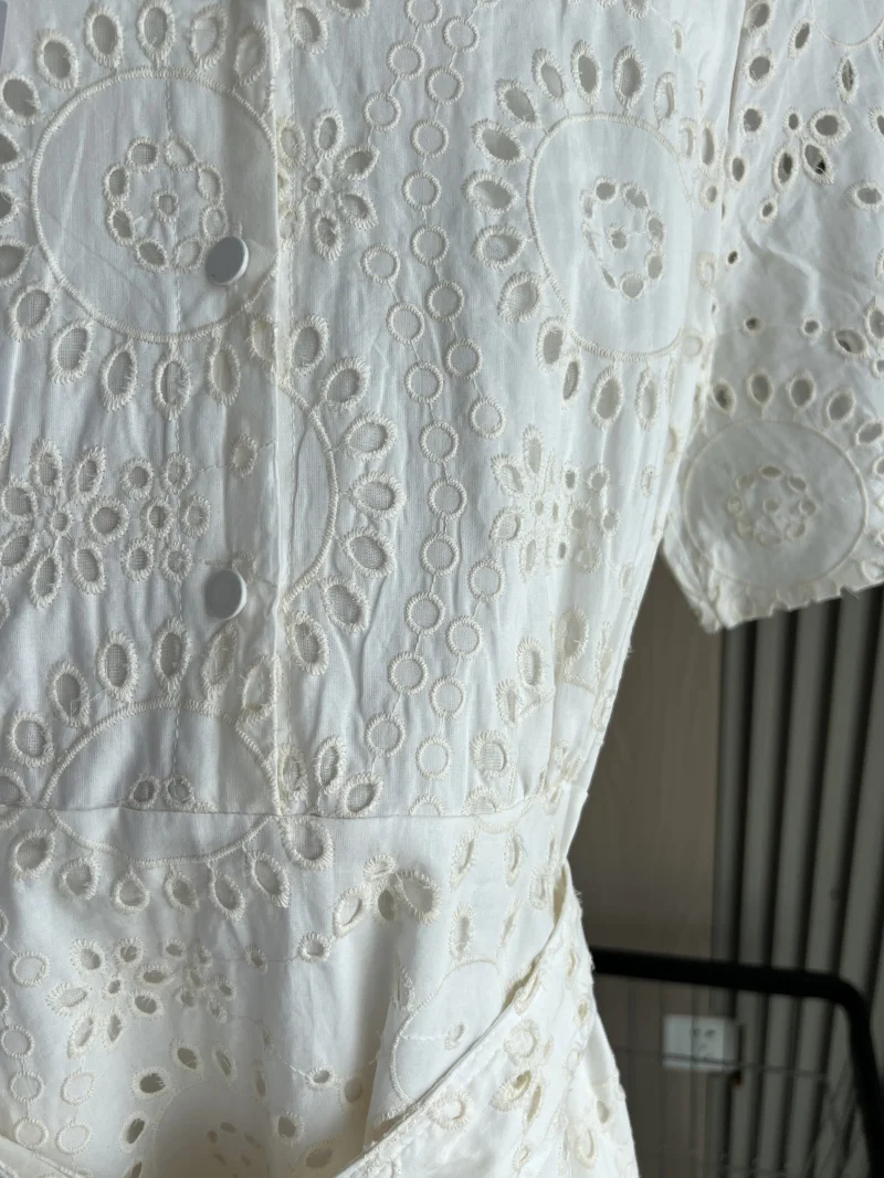 ETJ 2025 new women's elegant fashion hollow embroidery cotton shirt lapel short-sleeved dress temperament long skirt