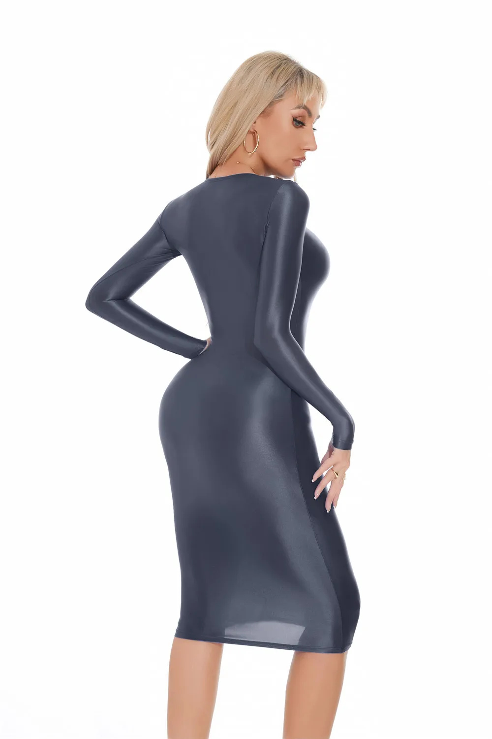 Sexy Women Oil Glossy Shiny Tight Pencil Dress Stain Smooth Bodycon Dress Elastic Push Up Packet Hip Stretch Step Dress