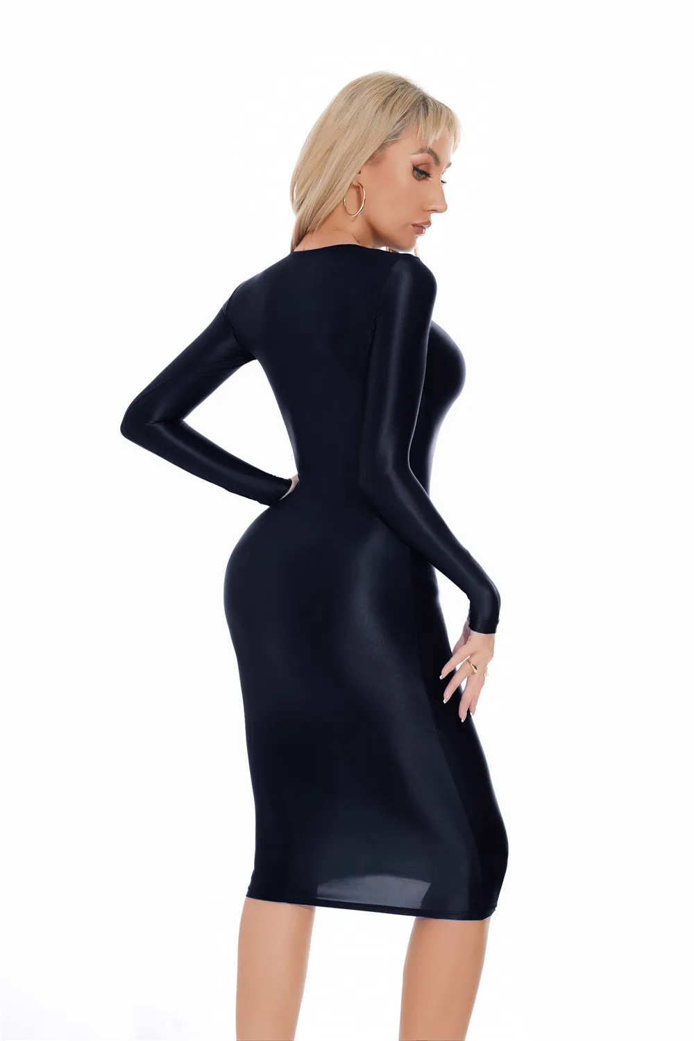 Sexy Women Oil Glossy Shiny Tight Pencil Dress Stain Smooth Bodycon Dress Elastic Push Up Packet Hip Stretch Step Dress