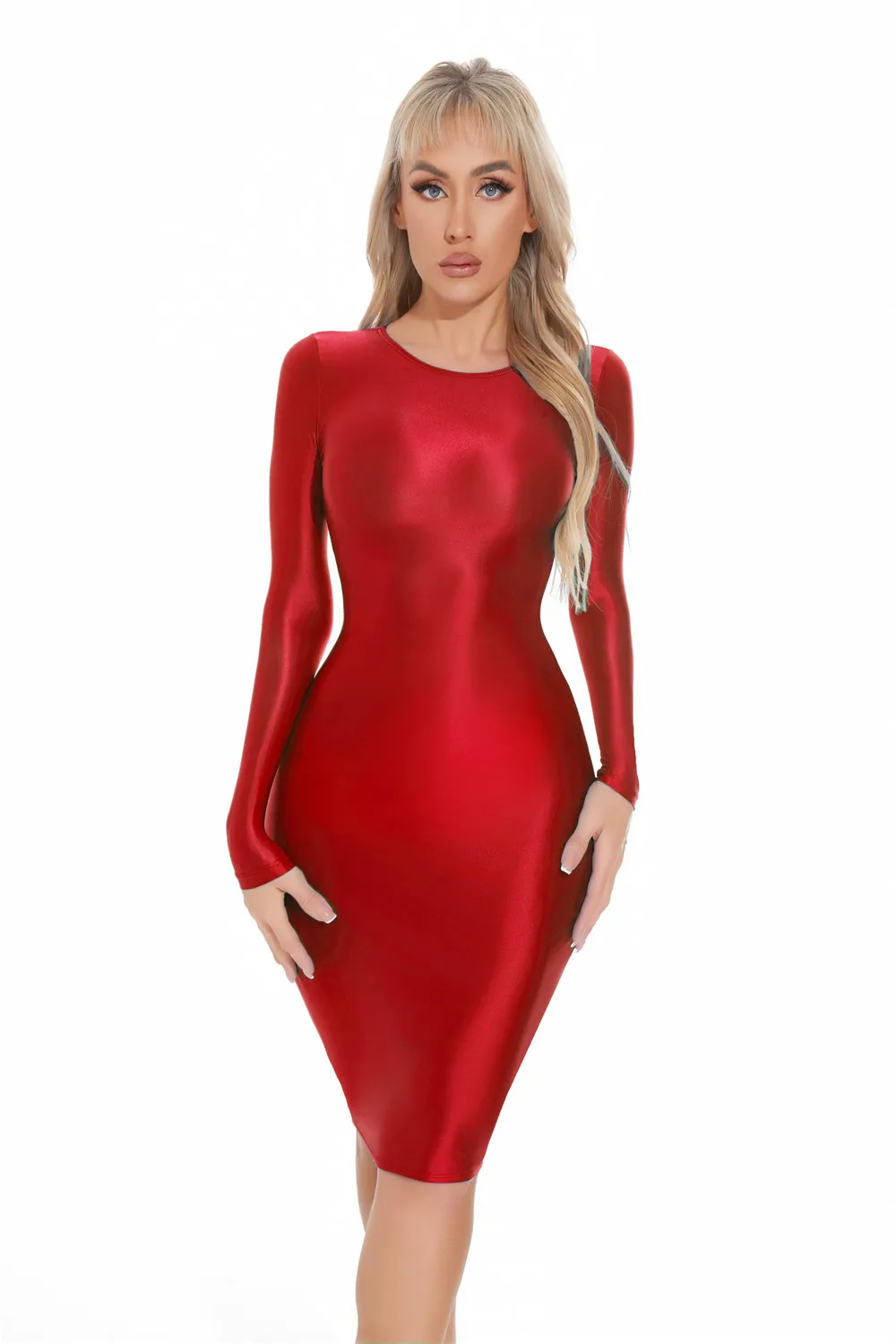 Sexy Women Oil Glossy Shiny Tight Pencil Dress Stain Smooth Bodycon Dress Elastic Push Up Packet Hip Stretch Step Dress
