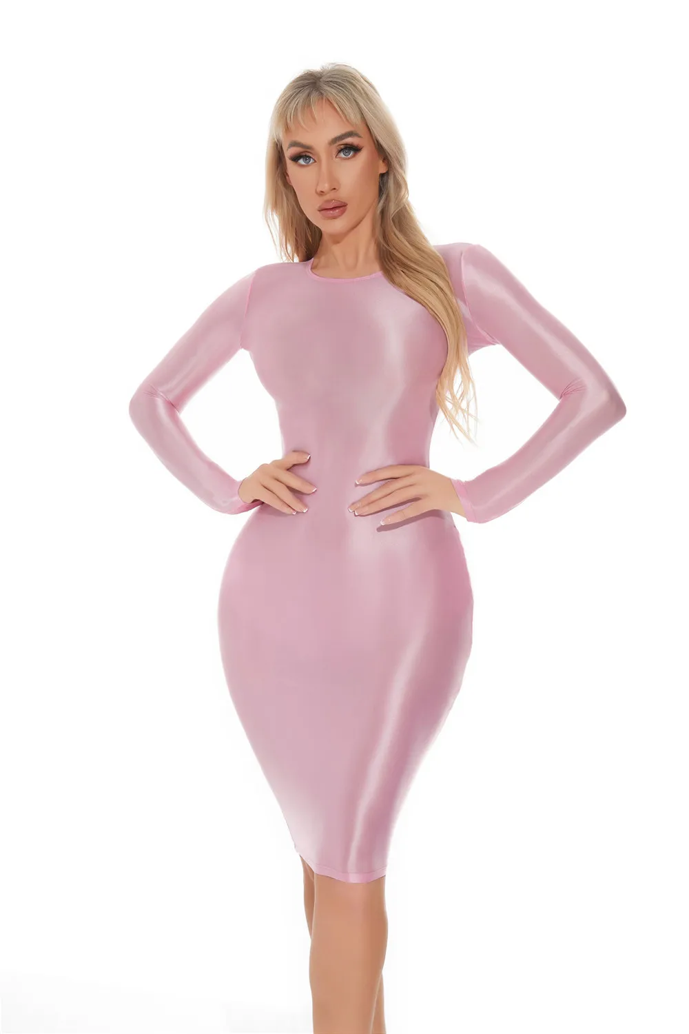 Sexy Women Oil Glossy Shiny Tight Pencil Dress Stain Smooth Bodycon Dress Elastic Push Up Packet Hip Stretch Step Dress