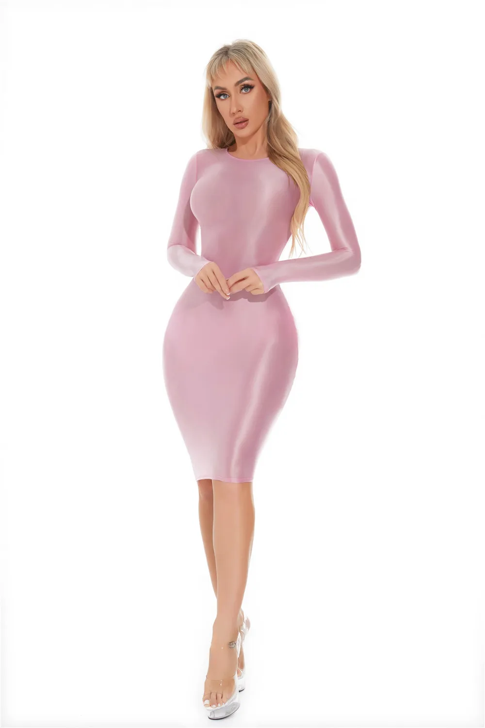 Sexy Women Oil Glossy Shiny Tight Pencil Dress Stain Smooth Bodycon Dress Elastic Push Up Packet Hip Stretch Step Dress
