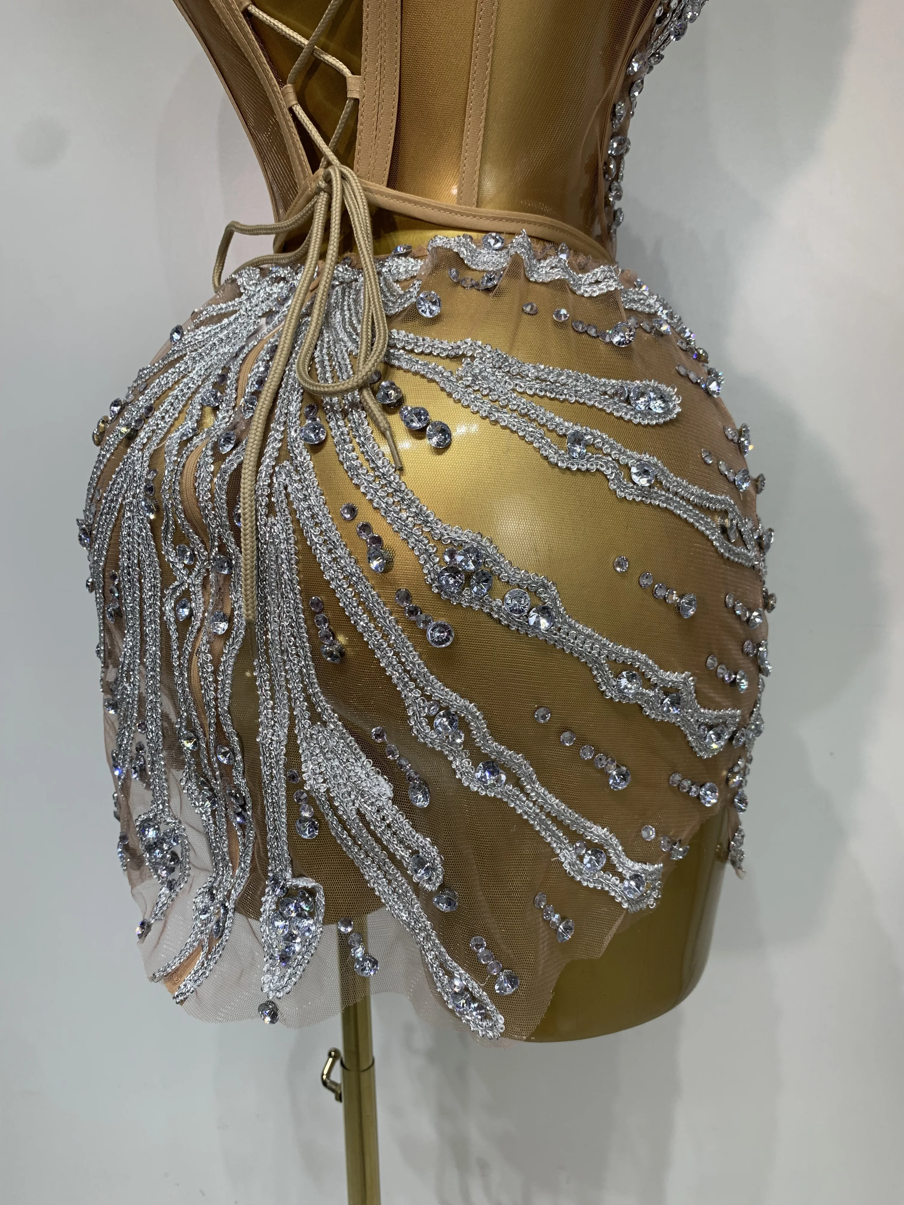 Women Sexy Strapless Rhinestones Mini Dress Performance Costume See Through Stage Dancer Club Evening Party Birthday Dress