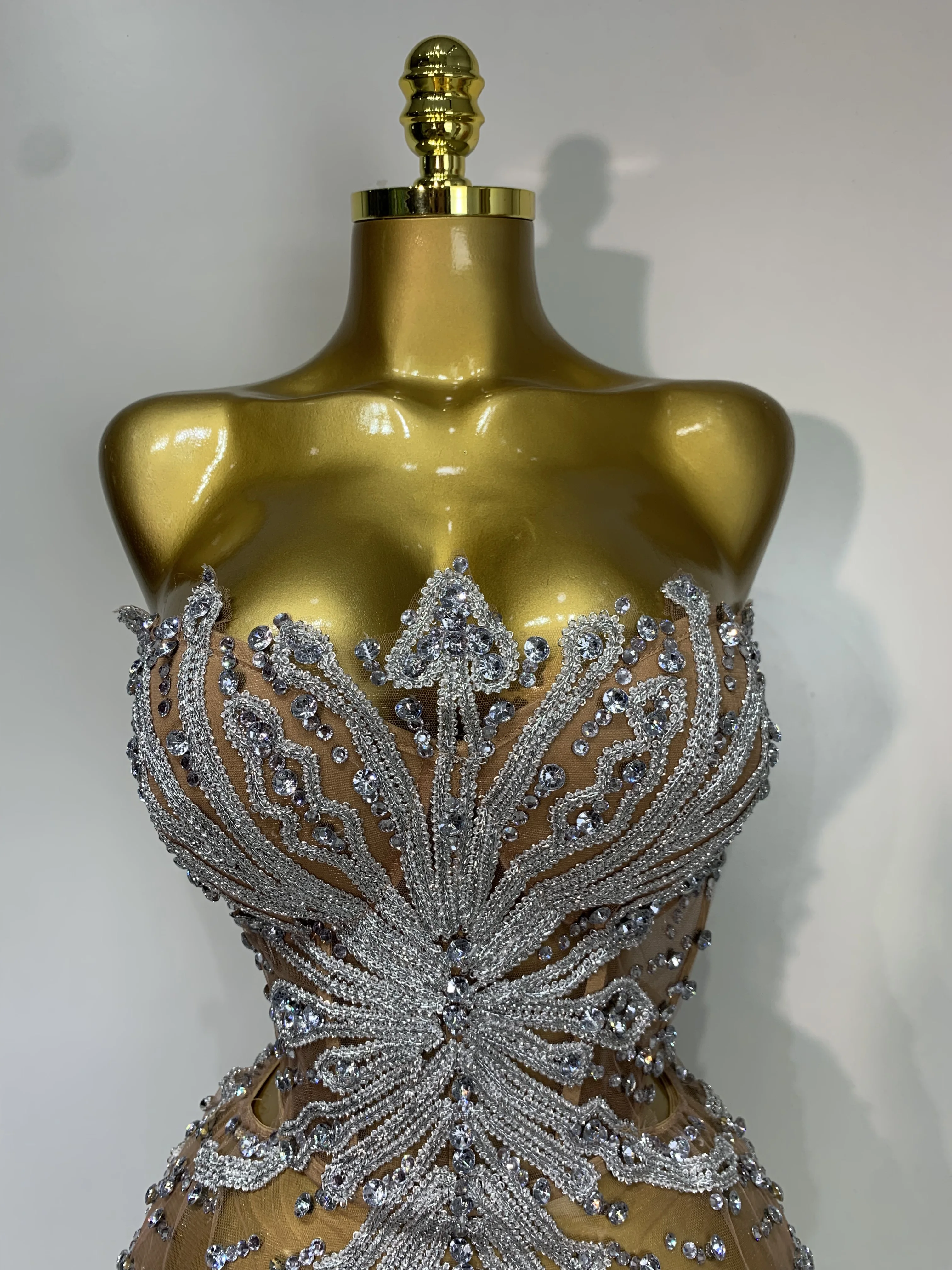 Women Sexy Strapless Rhinestones Mini Dress Performance Costume See Through Stage Dancer Club Evening Party Birthday Dress