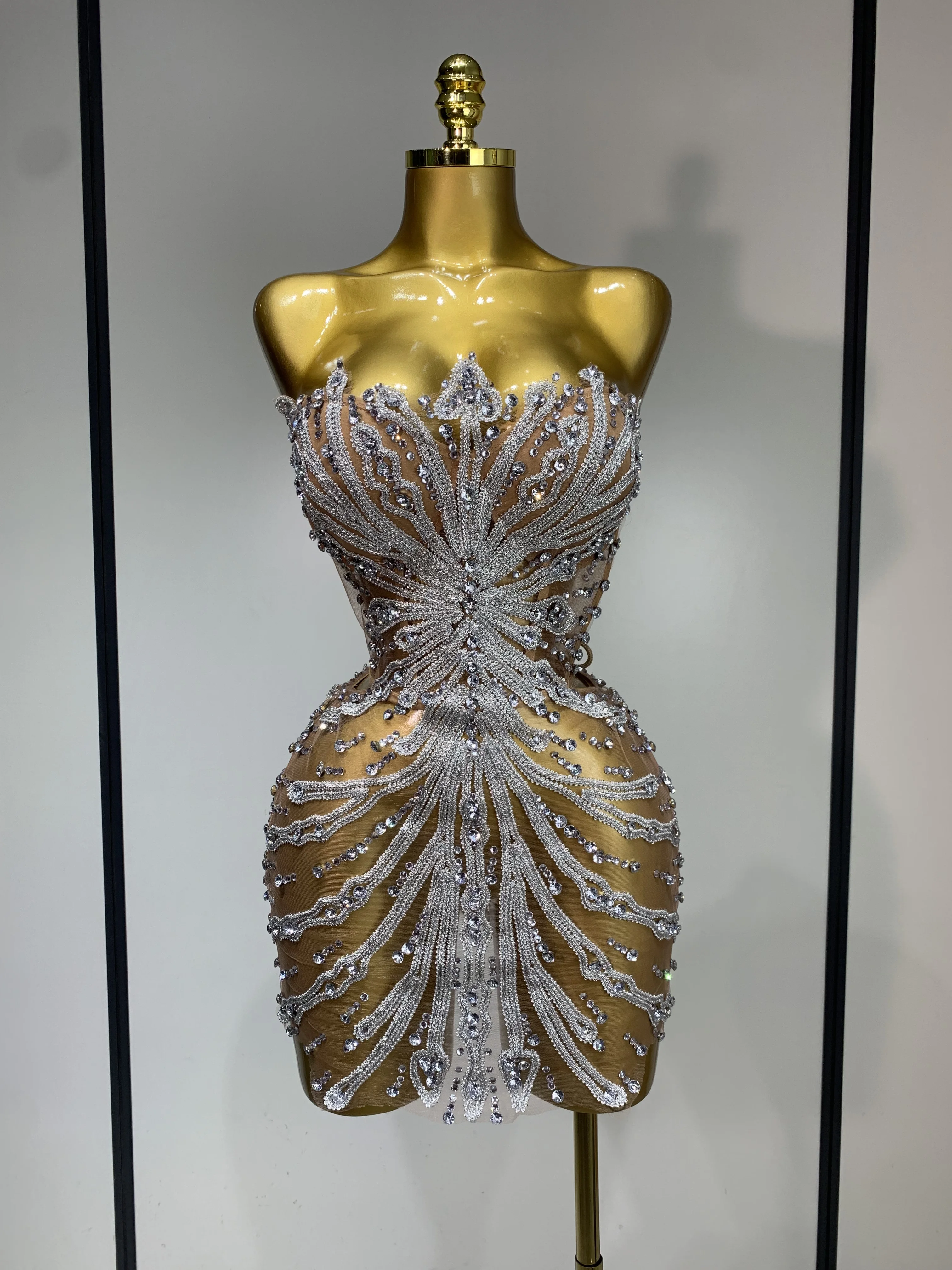 Women Sexy Strapless Rhinestones Mini Dress Performance Costume See Through Stage Dancer Club Evening Party Birthday Dress