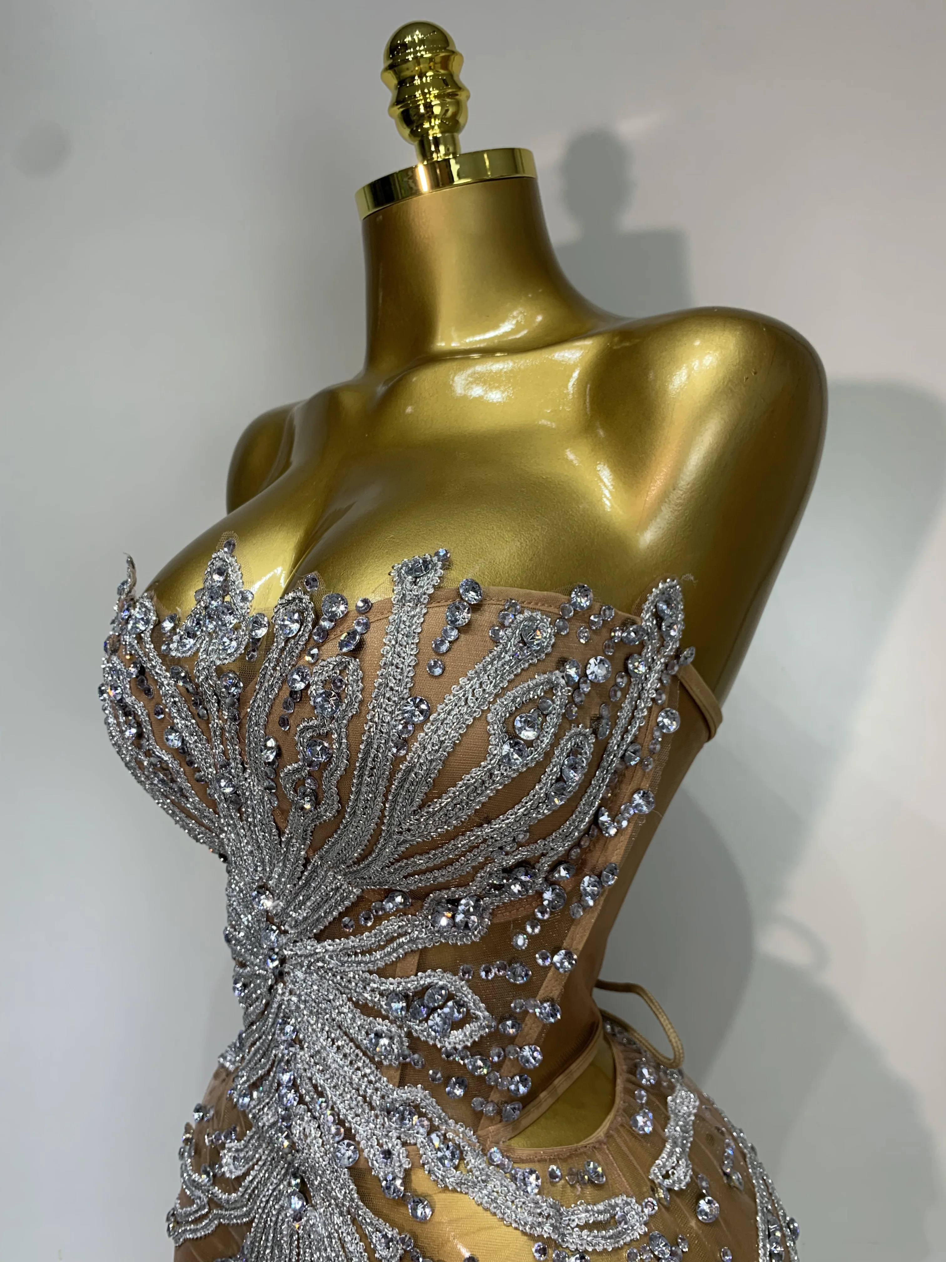 Women Sexy Strapless Rhinestones Mini Dress Performance Costume See Through Stage Dancer Club Evening Party Birthday Dress