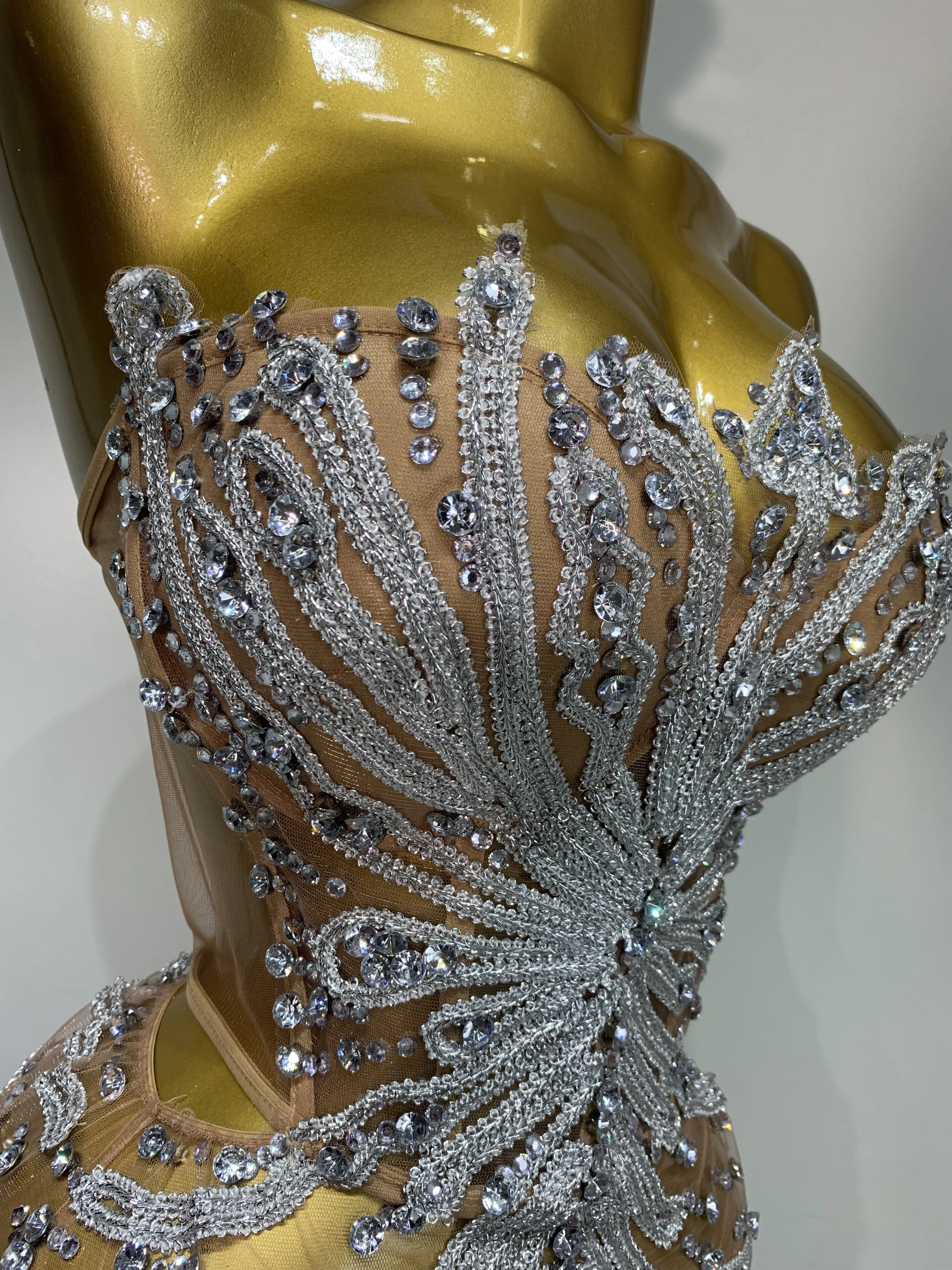 Women Sexy Strapless Rhinestones Mini Dress Performance Costume See Through Stage Dancer Club Evening Party Birthday Dress