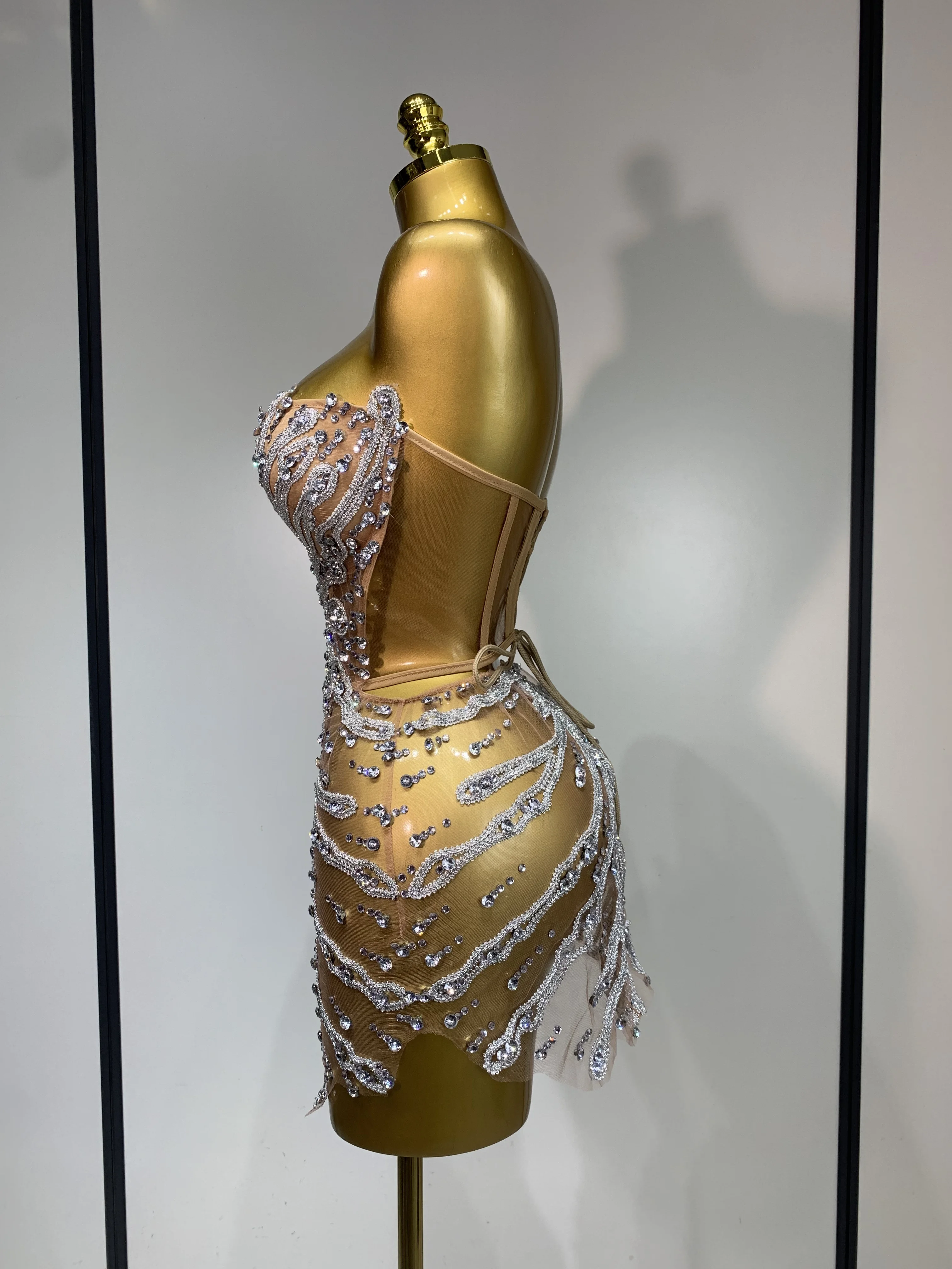 Women Sexy Strapless Rhinestones Mini Dress Performance Costume See Through Stage Dancer Club Evening Party Birthday Dress