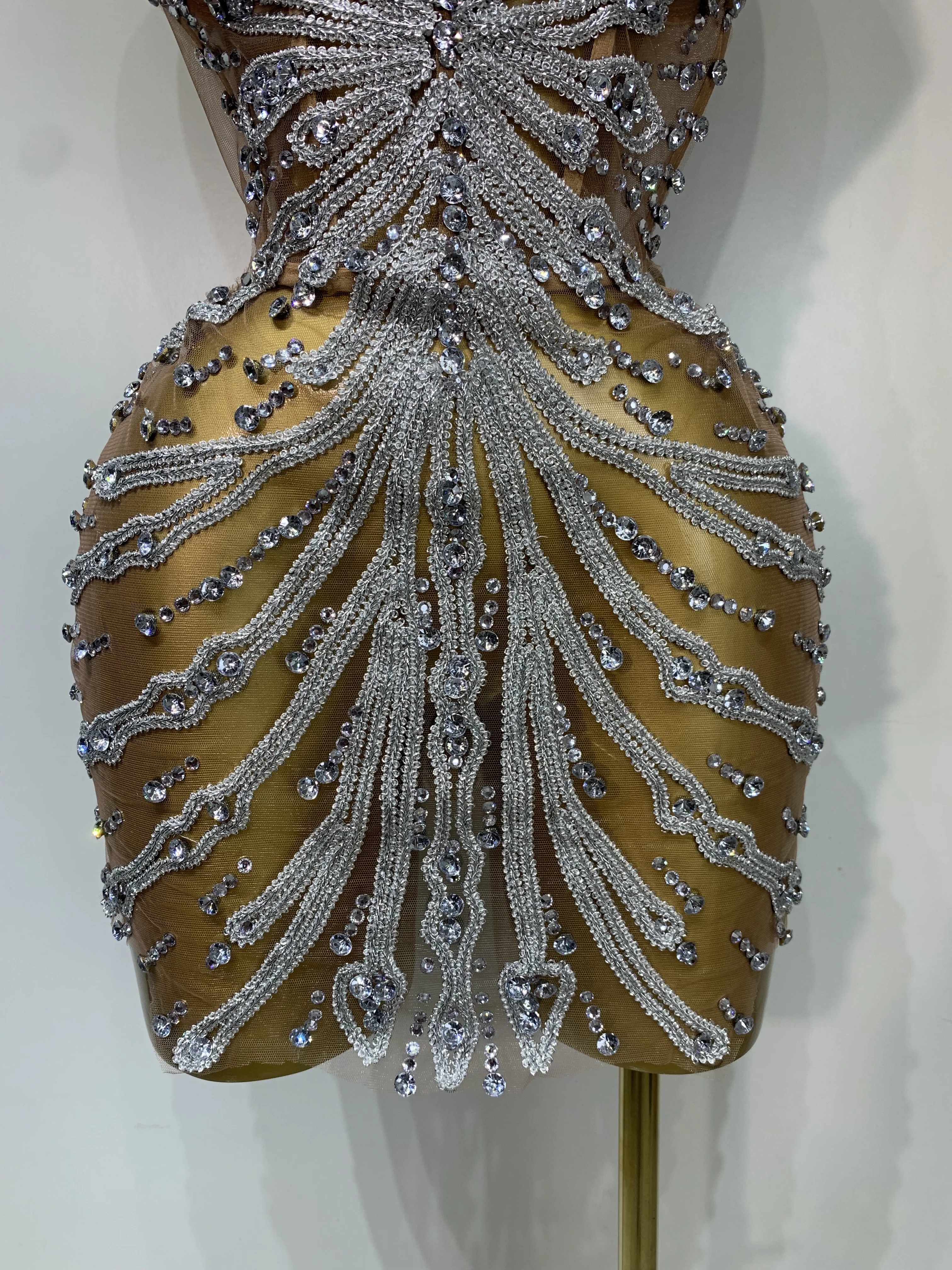 Women Sexy Strapless Rhinestones Mini Dress Performance Costume See Through Stage Dancer Club Evening Party Birthday Dress