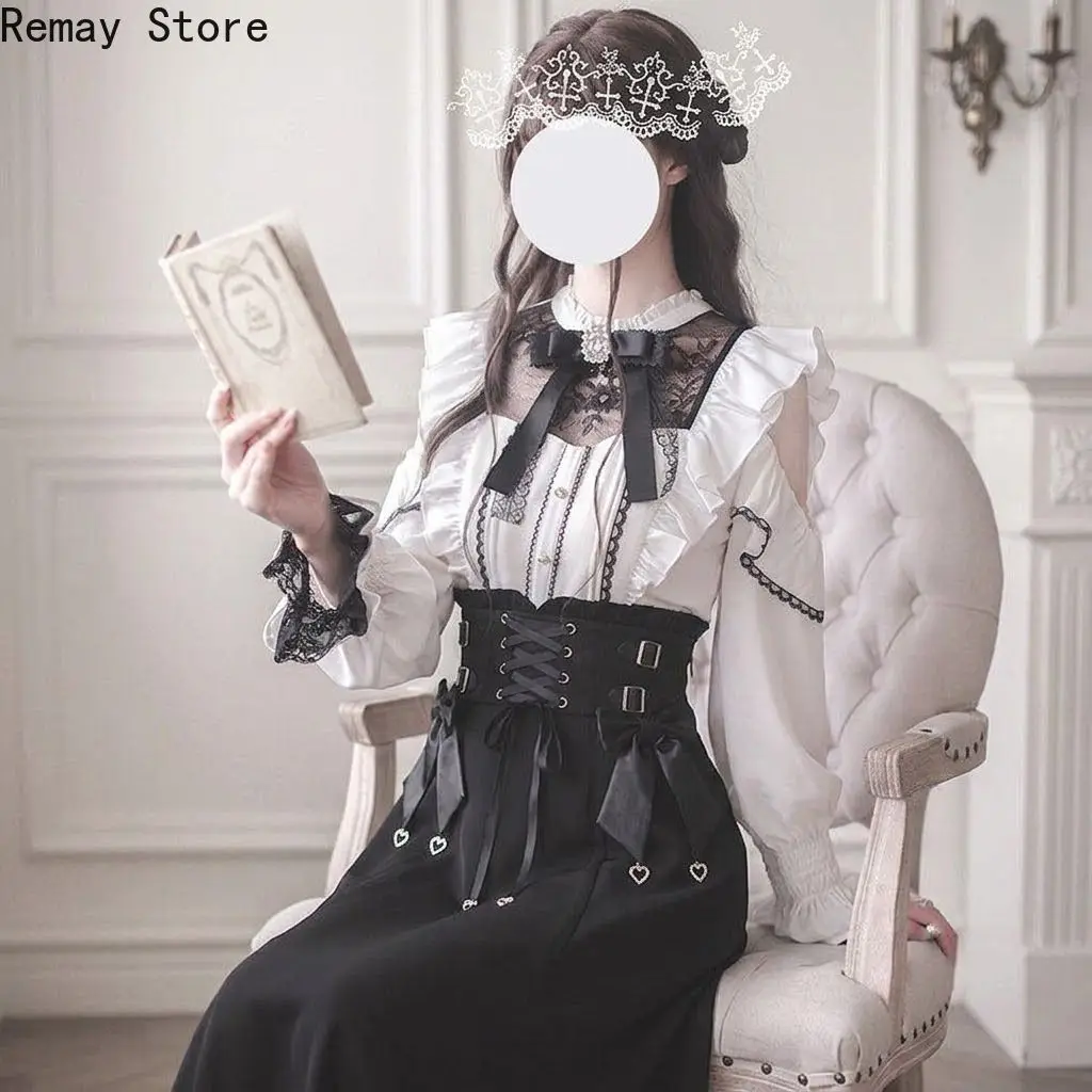 Japanese Gothic Lolita Dark Subculture Women 2 Pieces Set Lace Bow Shirt + Slim Fit Skirt French Vintage Party Harajuku Outfits
