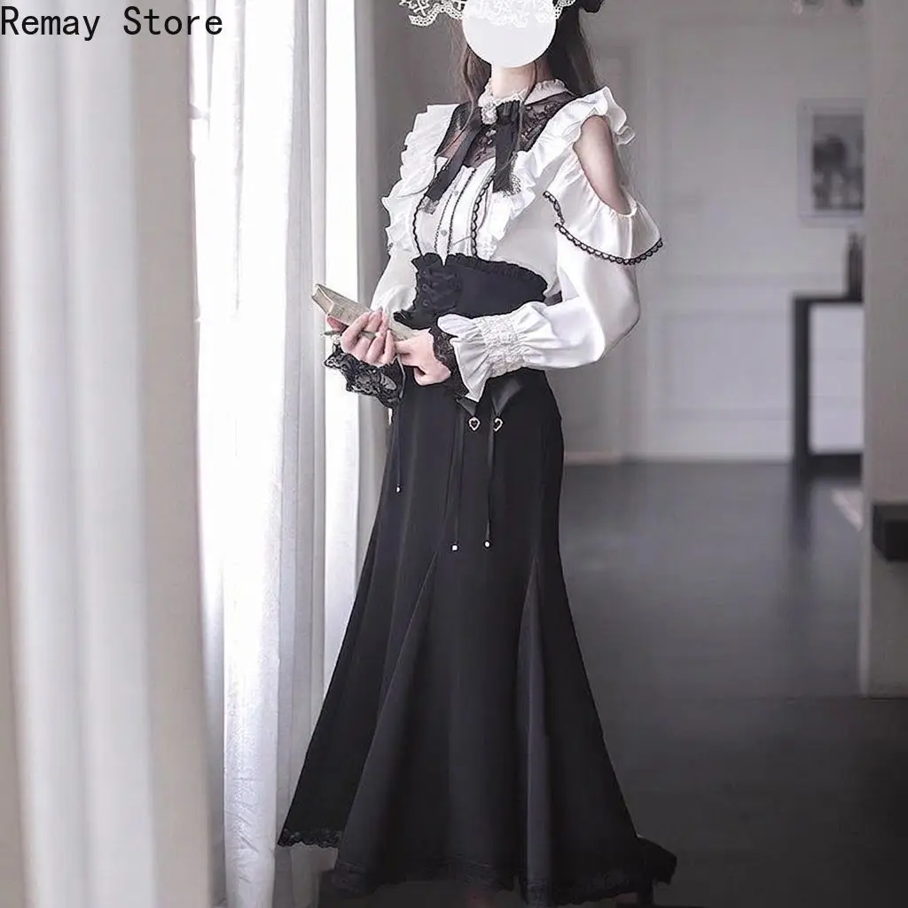 Japanese Gothic Lolita Dark Subculture Women 2 Pieces Set Lace Bow Shirt + Slim Fit Skirt French Vintage Party Harajuku Outfits