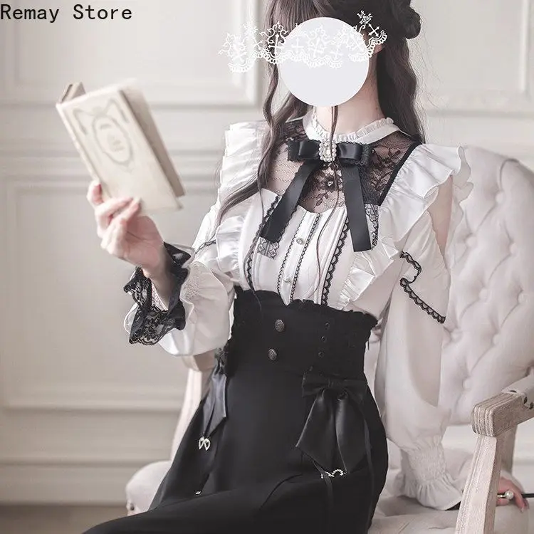 Japanese Gothic Lolita Dark Subculture Women 2 Pieces Set Lace Bow Shirt + Slim Fit Skirt French Vintage Party Harajuku Outfits