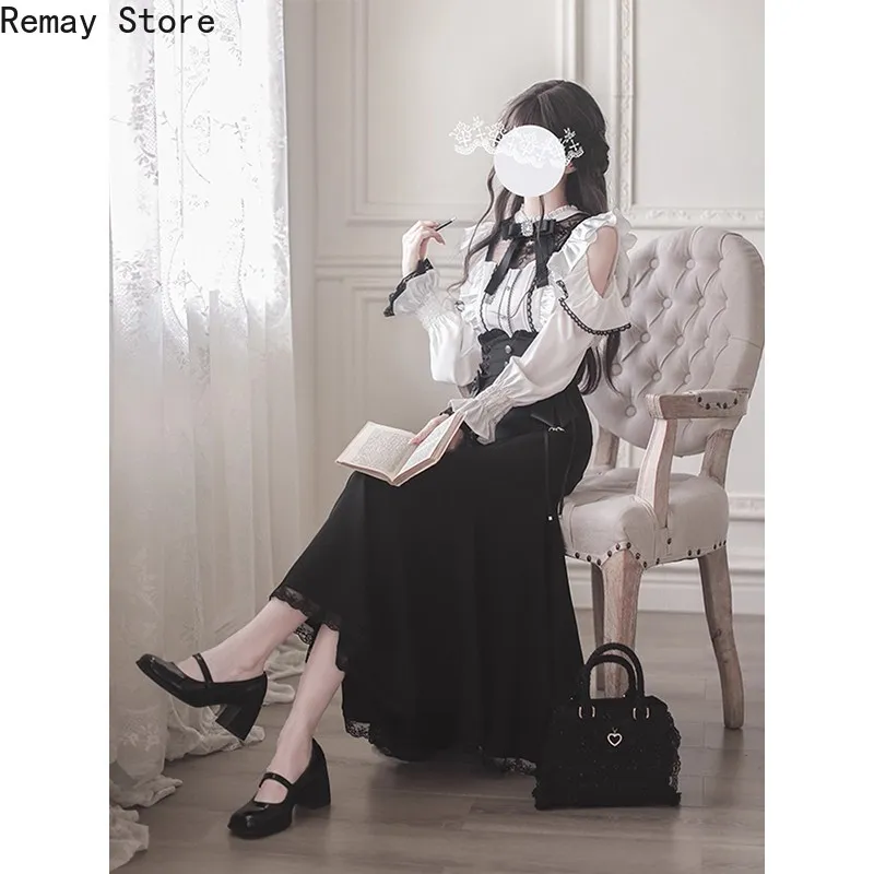 Japanese Gothic Lolita Dark Subculture Women 2 Pieces Set Lace Bow Shirt + Slim Fit Skirt French Vintage Party Harajuku Outfits