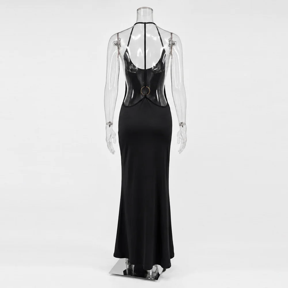 Tossy Women Halter Backless Bodycon Maxi Dress Open Back Spaghetti Strap Gold Ring Evening Party Gown Summer Beach Long Dress
