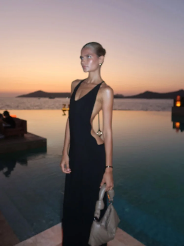 Tossy Women Halter Backless Bodycon Maxi Dress Open Back Spaghetti Strap Gold Ring Evening Party Gown Summer Beach Long Dress