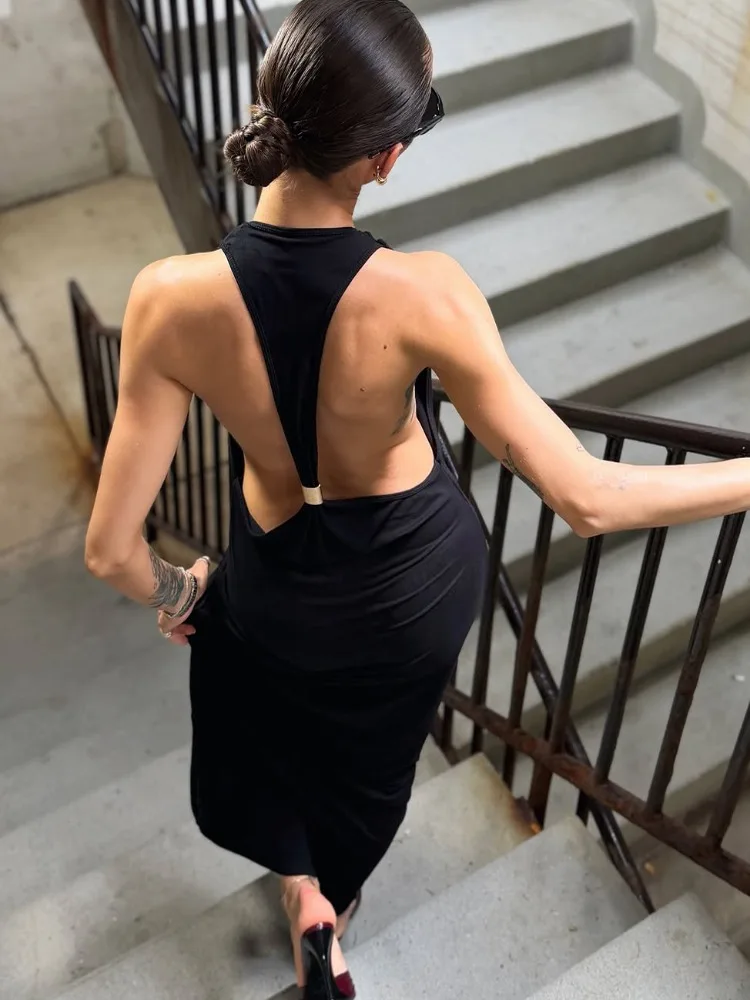 Tossy Women Halter Backless Bodycon Maxi Dress Open Back Spaghetti Strap Gold Ring Evening Party Gown Summer Beach Long Dress