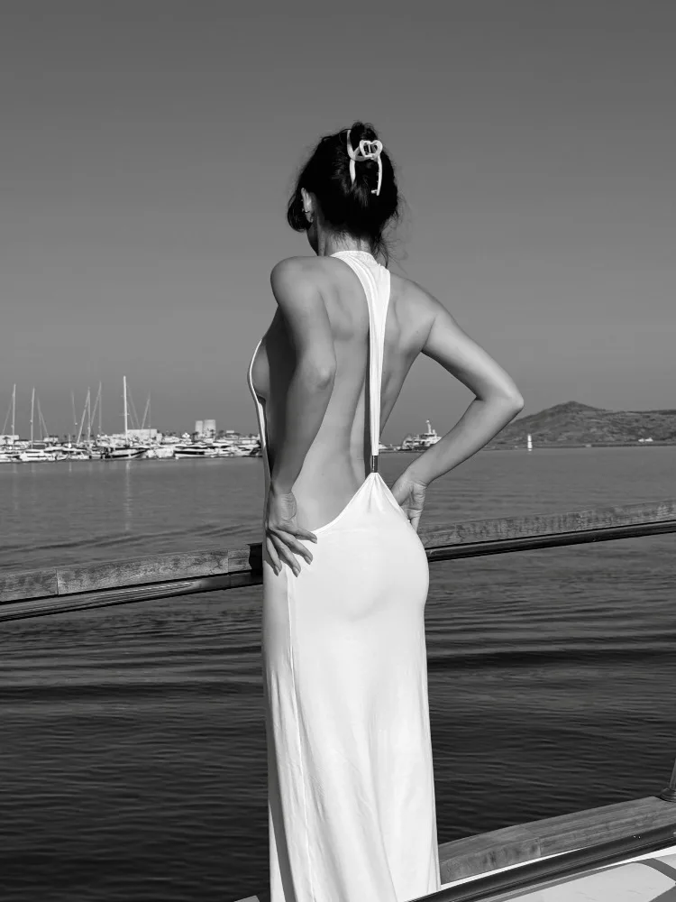 Tossy Women Halter Backless Bodycon Maxi Dress Open Back Spaghetti Strap Gold Ring Evening Party Gown Summer Beach Long Dress