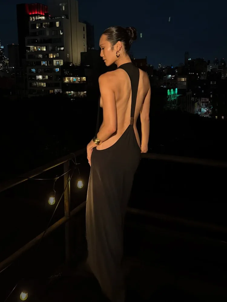 Tossy Women Halter Backless Bodycon Maxi Dress Open Back Spaghetti Strap Gold Ring Evening Party Gown Summer Beach Long Dress