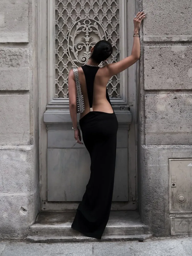 Tossy Women Halter Backless Bodycon Maxi Dress Open Back Spaghetti Strap Gold Ring Evening Party Gown Summer Beach Long Dress