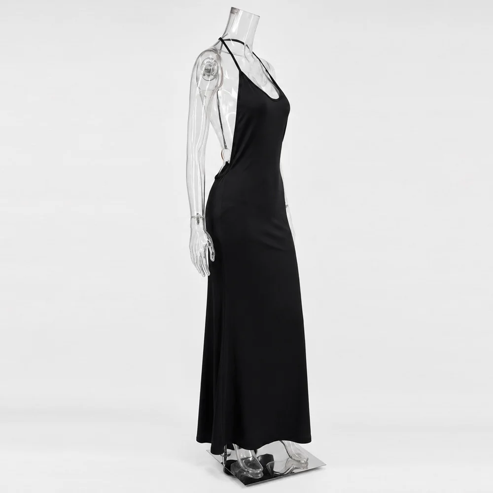 Tossy Women Halter Backless Bodycon Maxi Dress Open Back Spaghetti Strap Gold Ring Evening Party Gown Summer Beach Long Dress