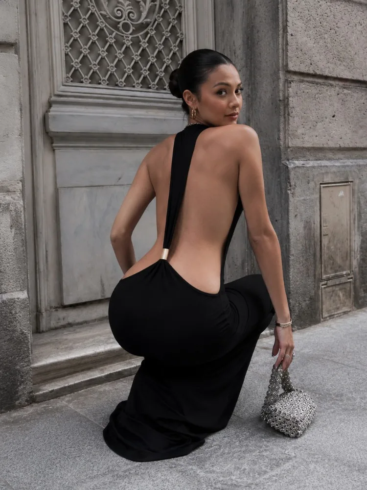 Tossy Women Halter Backless Bodycon Maxi Dress Open Back Spaghetti Strap Gold Ring Evening Party Gown Summer Beach Long Dress