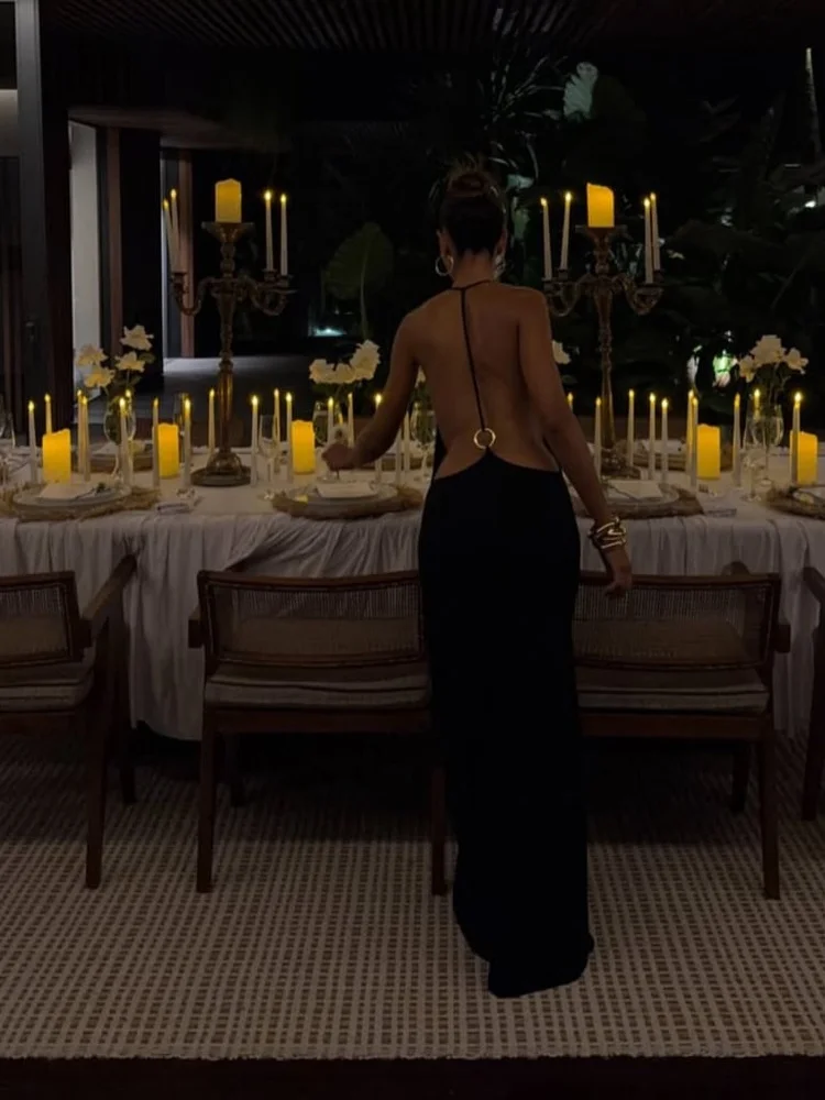 Tossy Women Halter Backless Bodycon Maxi Dress Open Back Spaghetti Strap Gold Ring Evening Party Gown Summer Beach Long Dress