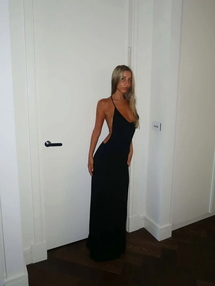 Tossy Women Halter Backless Bodycon Maxi Dress Open Back Spaghetti Strap Gold Ring Evening Party Gown Summer Beach Long Dress