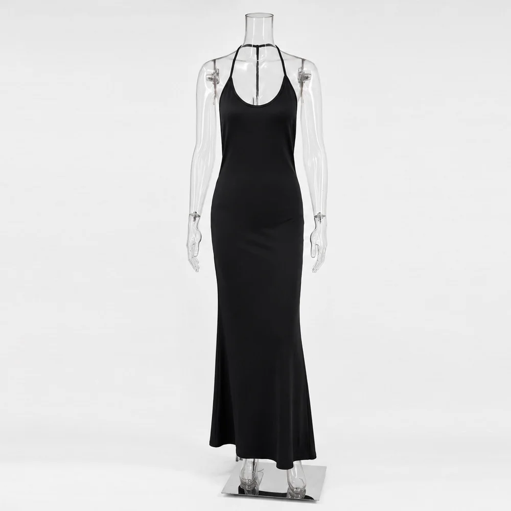 Tossy Women Halter Backless Bodycon Maxi Dress Open Back Spaghetti Strap Gold Ring Evening Party Gown Summer Beach Long Dress