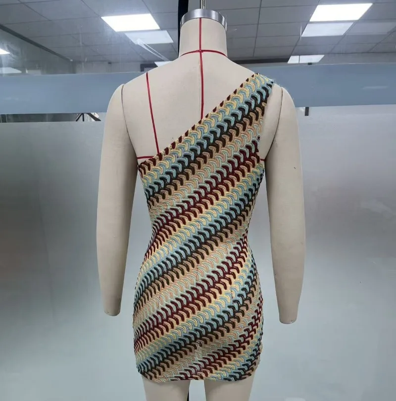 Bohemian Slanted Shoulder Colorful Striped Bodycon Dress Chic Irregular Printed Knitted Backless Slim Fit Mini Dresses Beach