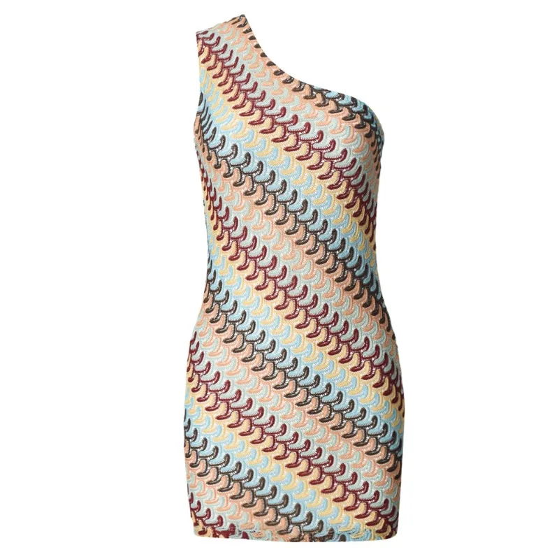 Bohemian Slanted Shoulder Colorful Striped Bodycon Dress Chic Irregular Printed Knitted Backless Slim Fit Mini Dresses Beach