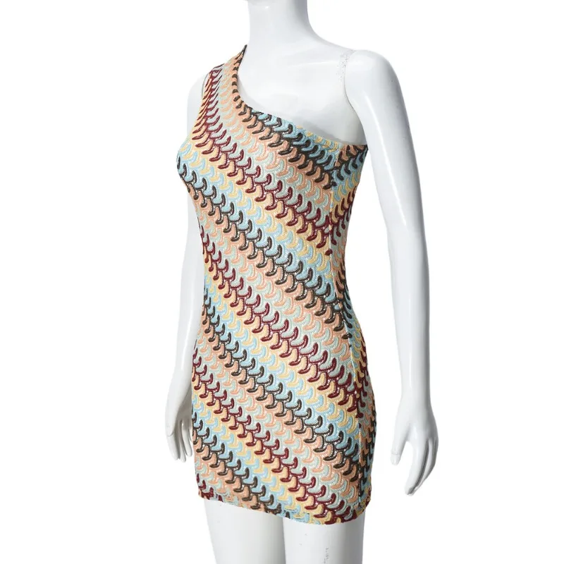 Bohemian Slanted Shoulder Colorful Striped Bodycon Dress Chic Irregular Printed Knitted Backless Slim Fit Mini Dresses Beach
