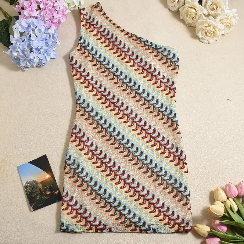 Bohemian Slanted Shoulder Colorful Striped Bodycon Dress Chic Irregular Printed Knitted Backless Slim Fit Mini Dresses Beach
