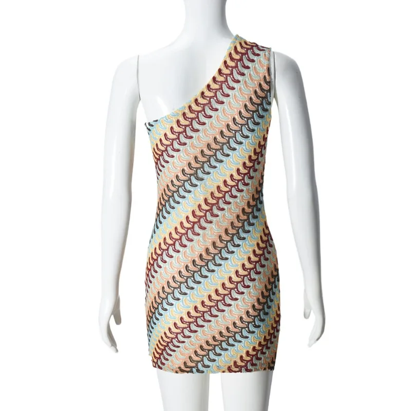 Bohemian Slanted Shoulder Colorful Striped Bodycon Dress Chic Irregular Printed Knitted Backless Slim Fit Mini Dresses Beach