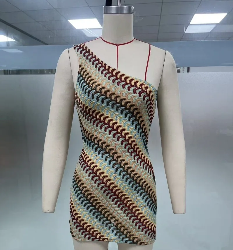 Bohemian Slanted Shoulder Colorful Striped Bodycon Dress Chic Irregular Printed Knitted Backless Slim Fit Mini Dresses Beach