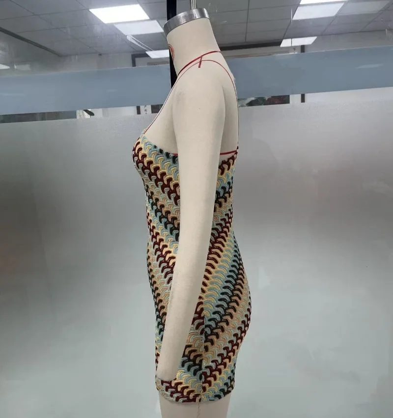 Bohemian Slanted Shoulder Colorful Striped Bodycon Dress Chic Irregular Printed Knitted Backless Slim Fit Mini Dresses Beach