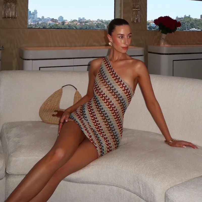 Bohemian Slanted Shoulder Colorful Striped Bodycon Dress Chic Irregular Printed Knitted Backless Slim Fit Mini Dresses Beach