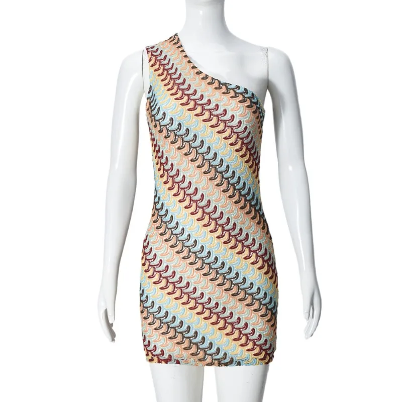 Bohemian Slanted Shoulder Colorful Striped Bodycon Dress Chic Irregular Printed Knitted Backless Slim Fit Mini Dresses Beach