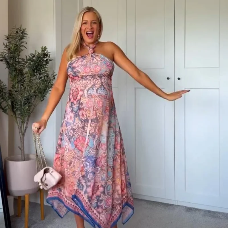 Floral Print Asymmetrical Hem Maxi Dress Women Halter Neck Sleeveless A-line Mesh Dresses 2026 Summer Chic Vacation Party Gown