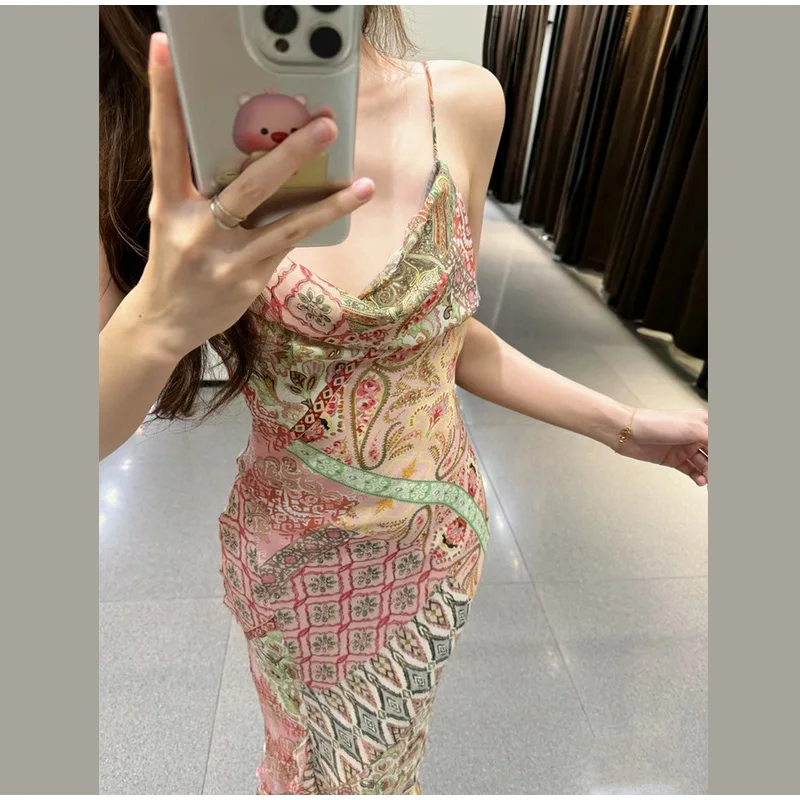Floral Print Asymmetrical Hem Maxi Dress Women Halter Neck Sleeveless A-line Mesh Dresses 2026 Summer Chic Vacation Party Gown