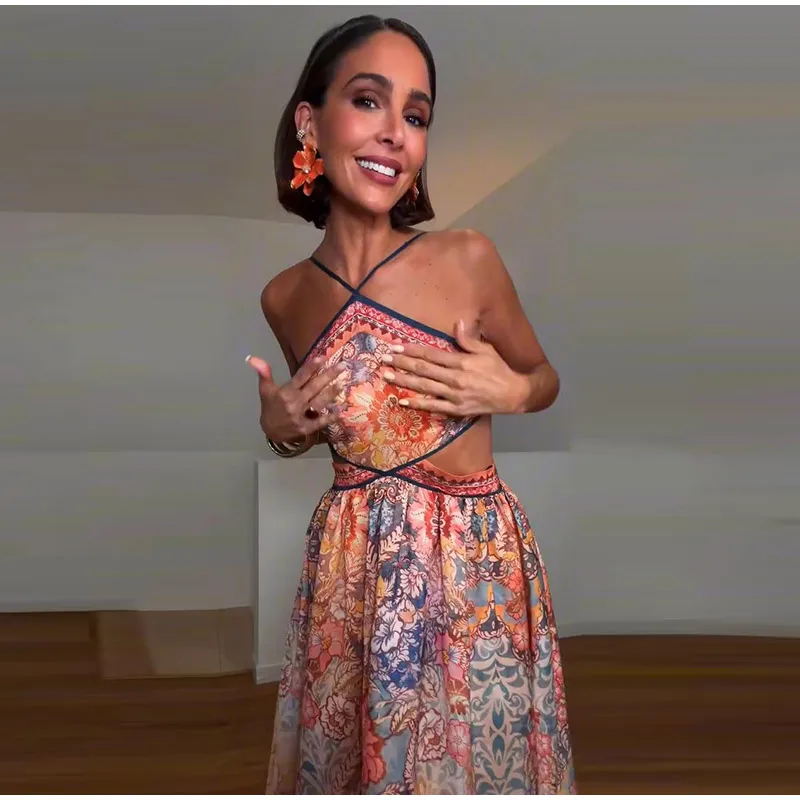 Floral Print Asymmetrical Hem Maxi Dress Women Halter Neck Sleeveless A-line Mesh Dresses 2026 Summer Chic Vacation Party Gown